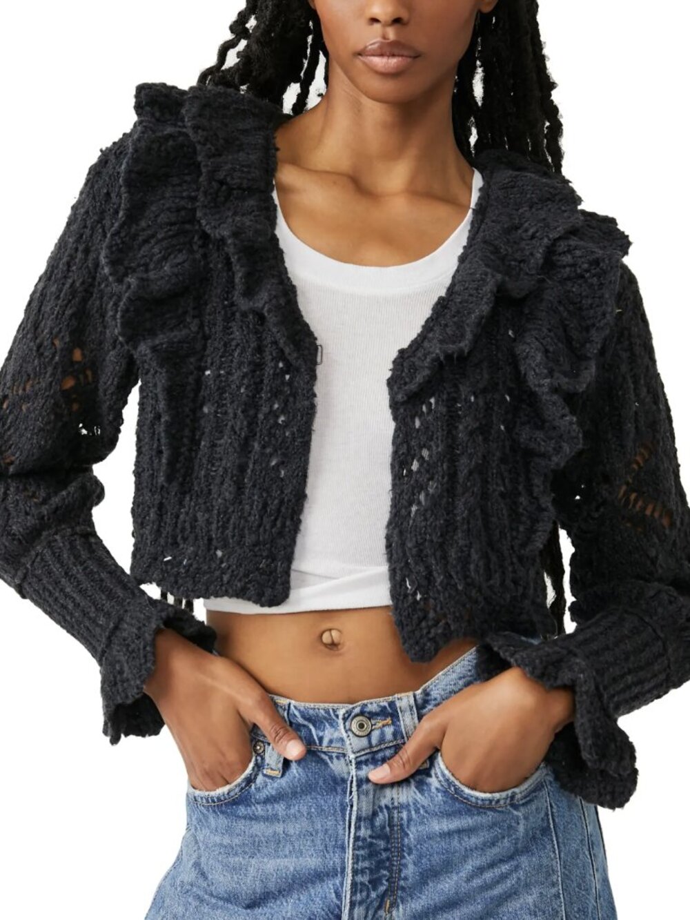 Grey Knit Free People Cropped Cardigan